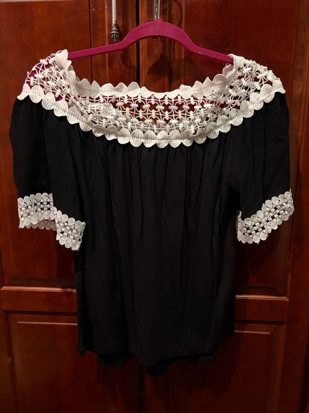 INC International Concepts Black Off-the-Shoulder Top with White Crochet Trim
